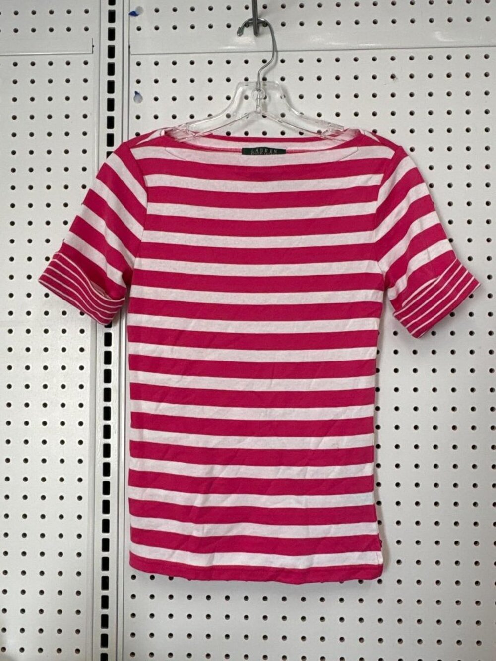 Lauren Ralph Lauren Petite Striped Pink & White Cotton T-Shirt P XS Short Sleeve